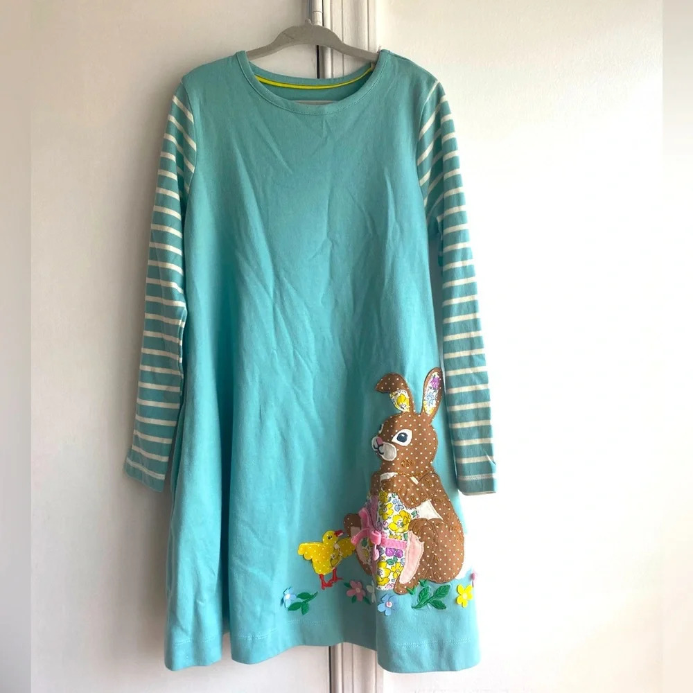 Mini Boden bunny and egg appliqué size 6-7 long sleeve dress  100% cotton